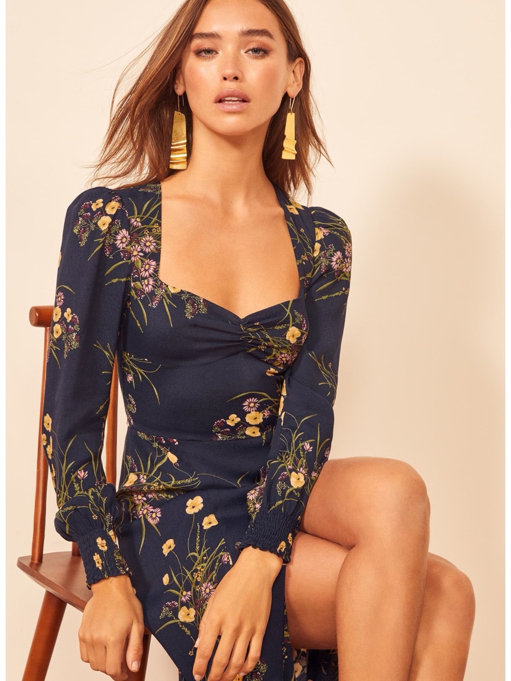 REFORMATION Boho Wallflower Midi Dress Navy Long Sleeve Slit Sweetheart Size 0 - Picture 9 of 16